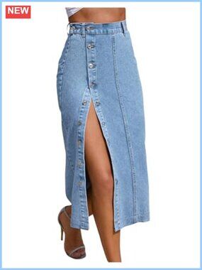 High Waisted Denim Midi Skirt Side Slit Button Front Casual